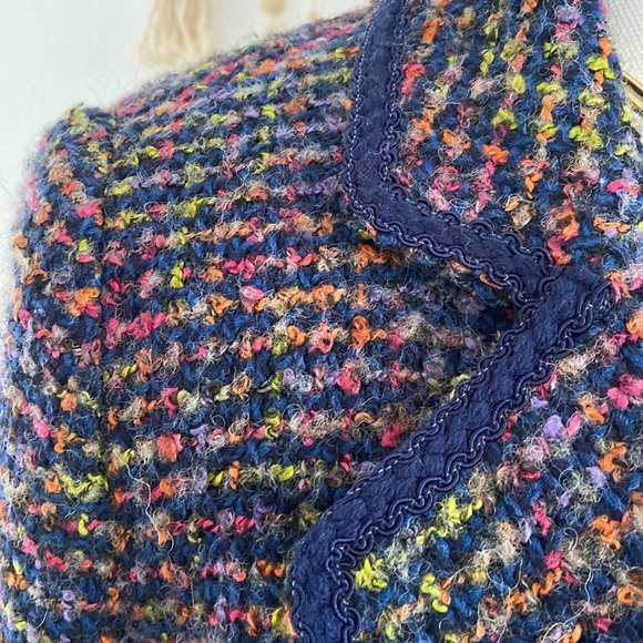Tribal boucle tweed jacket wool woven blazer navy blue pink Chanel vibes 10 - Picture 3 of 14